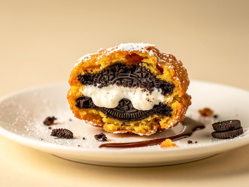Fried sandwich cookies dusted with powdered sugar in a paper boat