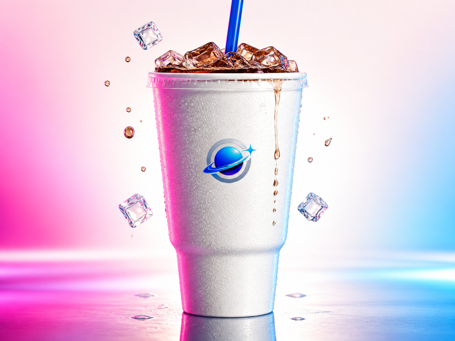 An Orbit-branded white foam fountain cup overflowing with cola and ice