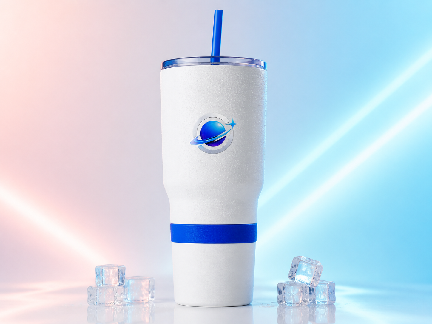 A white reusable Orbit refill tumbler with a blue straw