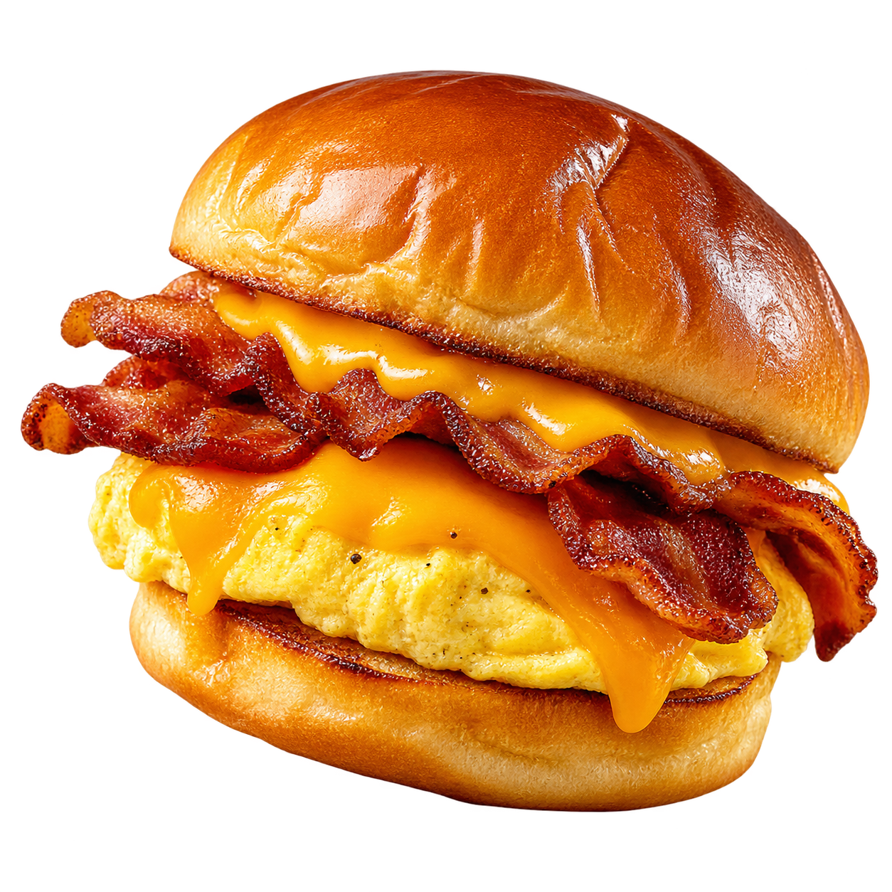 Bacon, egg and cheese sandwich on a brioche bun