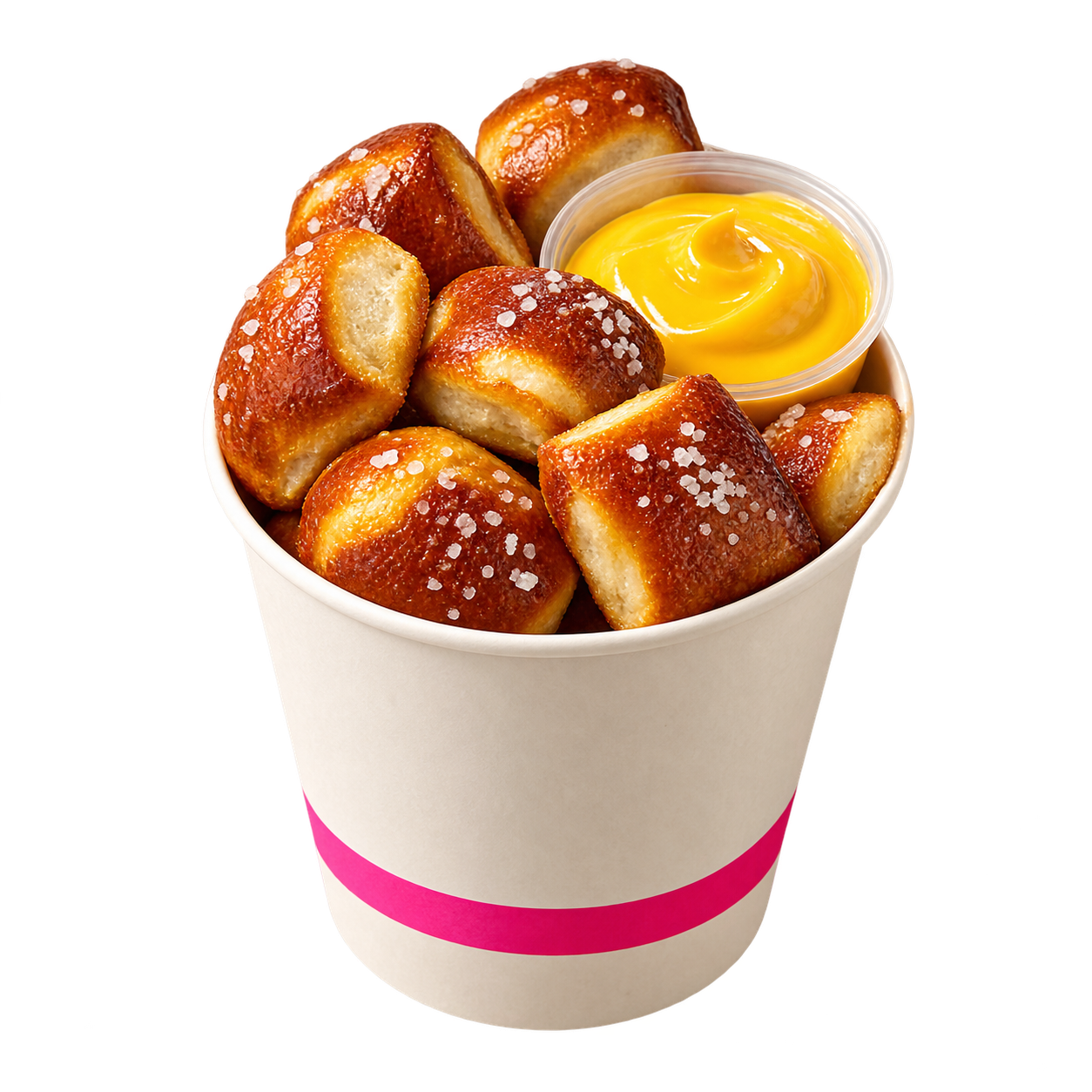 Bucket of salted pretzel bites with queso dip
