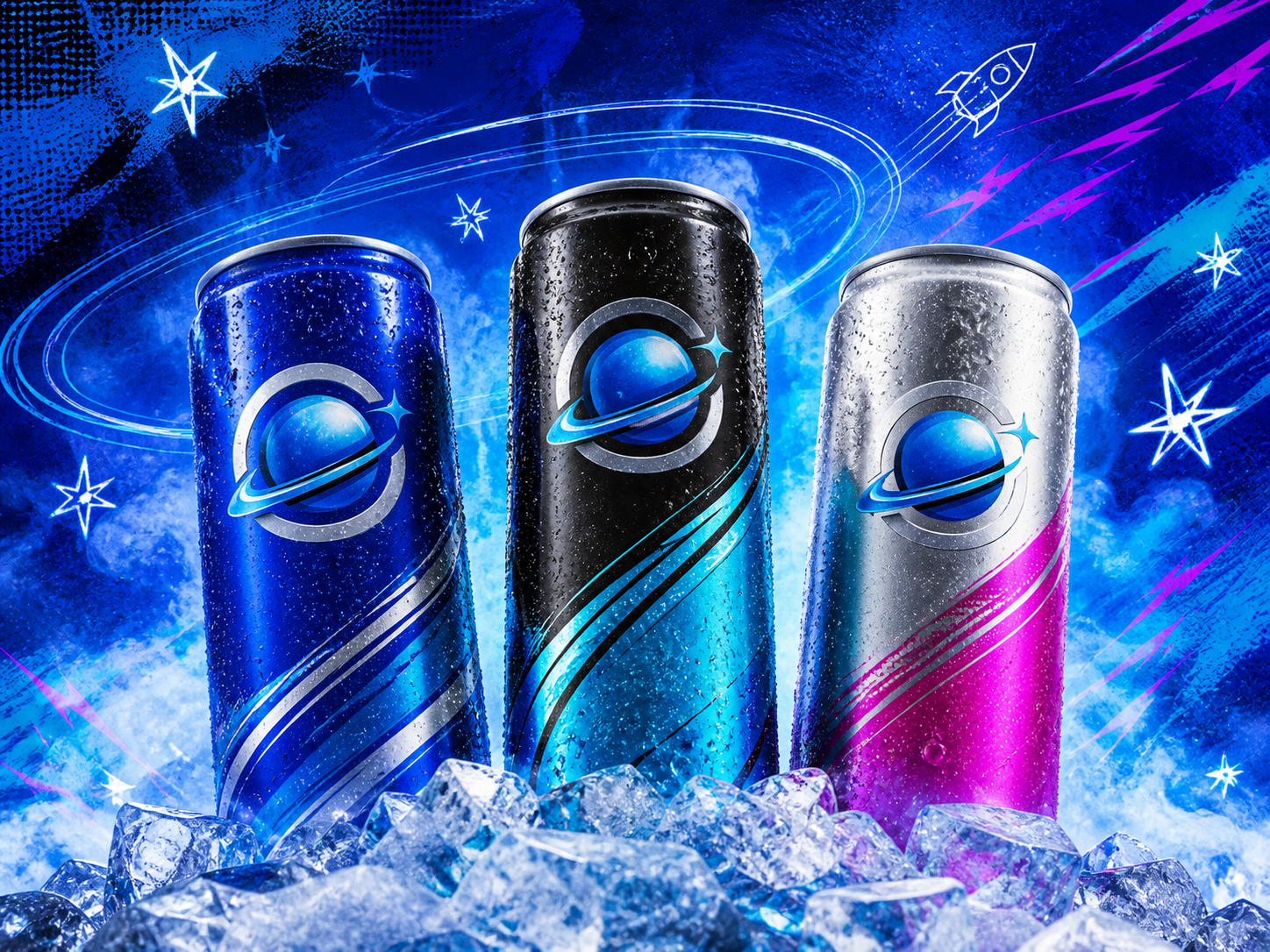 Three original Orbit energy drink cans on ice against an electric blue space-art background