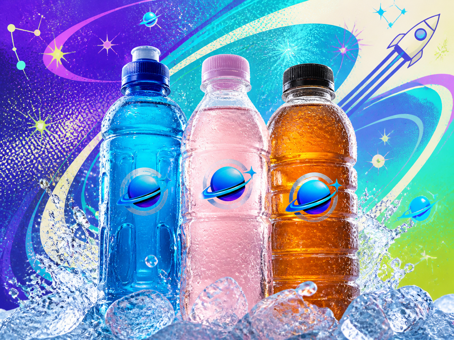 Original Orbit hydration, fruit refreshment, and iced tea bottles against a colorful space-art background