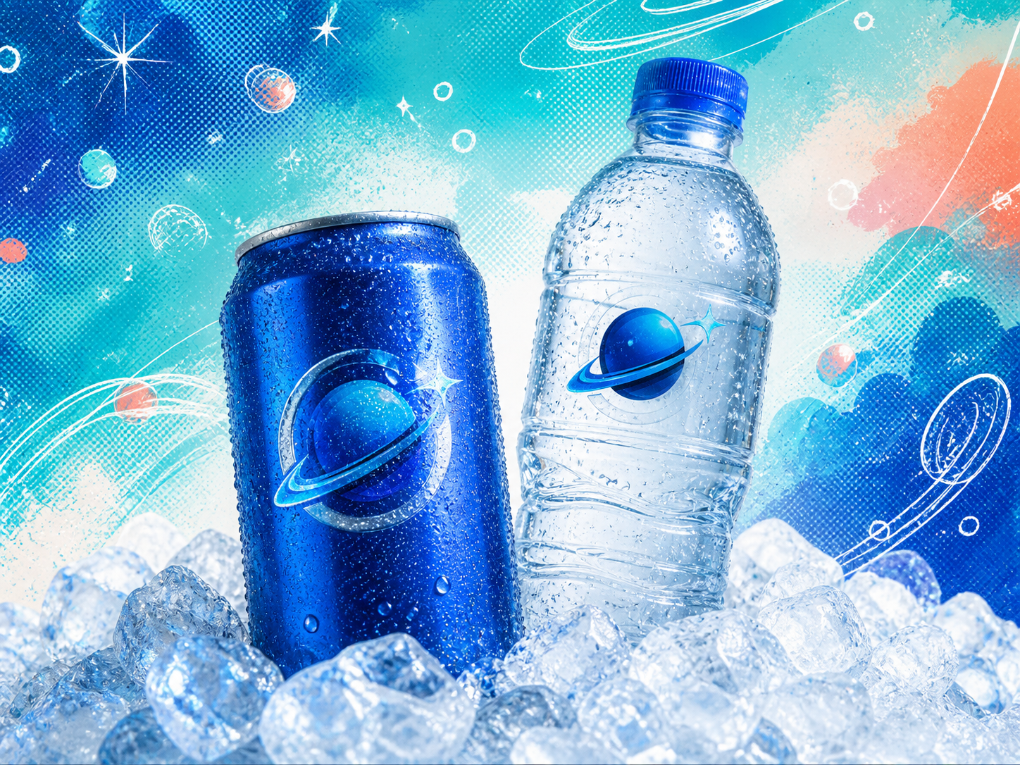 An original Orbit soda can and water bottle on ice against a turquoise space-art background