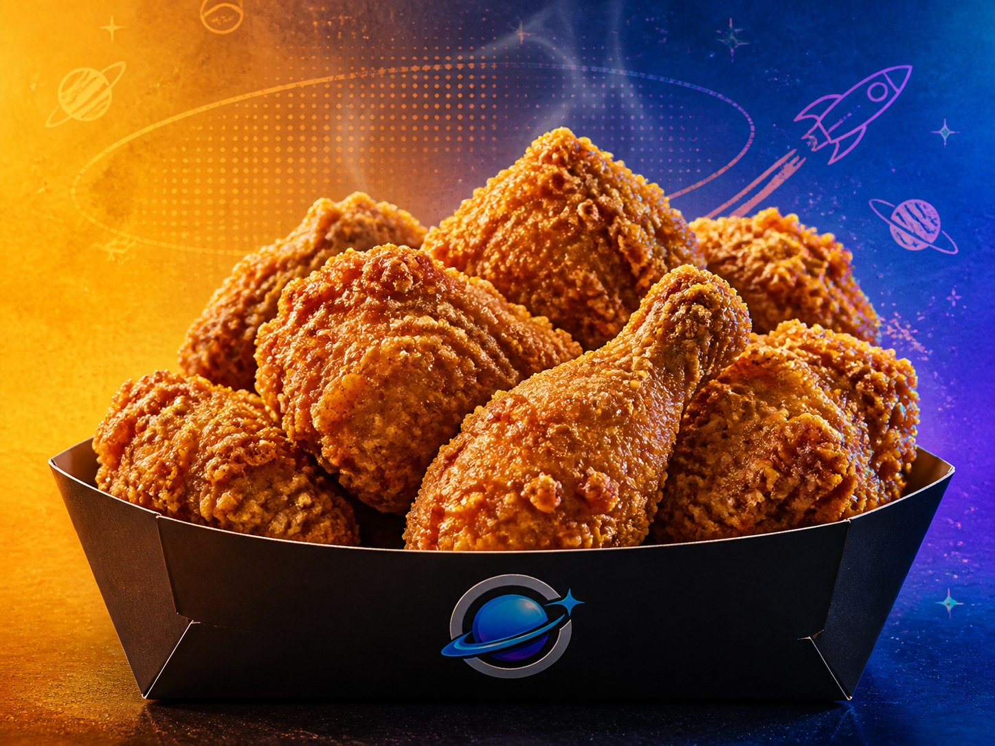 Crispy bone-in fried chicken in an Orbit tray against an amber and blue space-art background