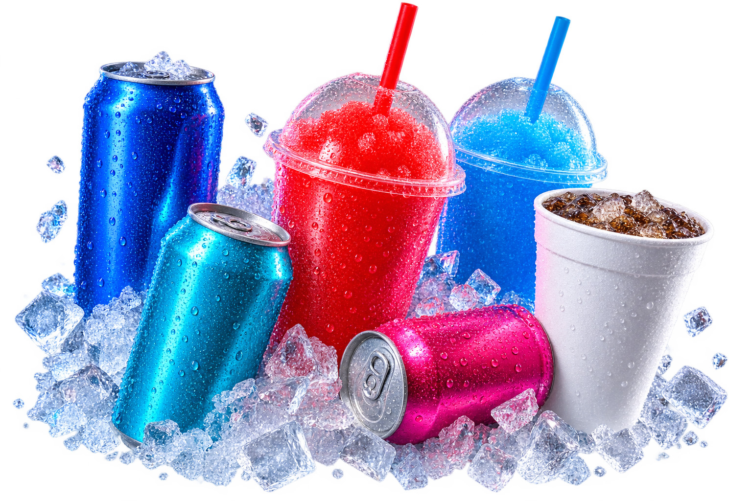 Original Orbit artwork showing unbranded cold cans, fountain drinks, and frozen drinks on ice
