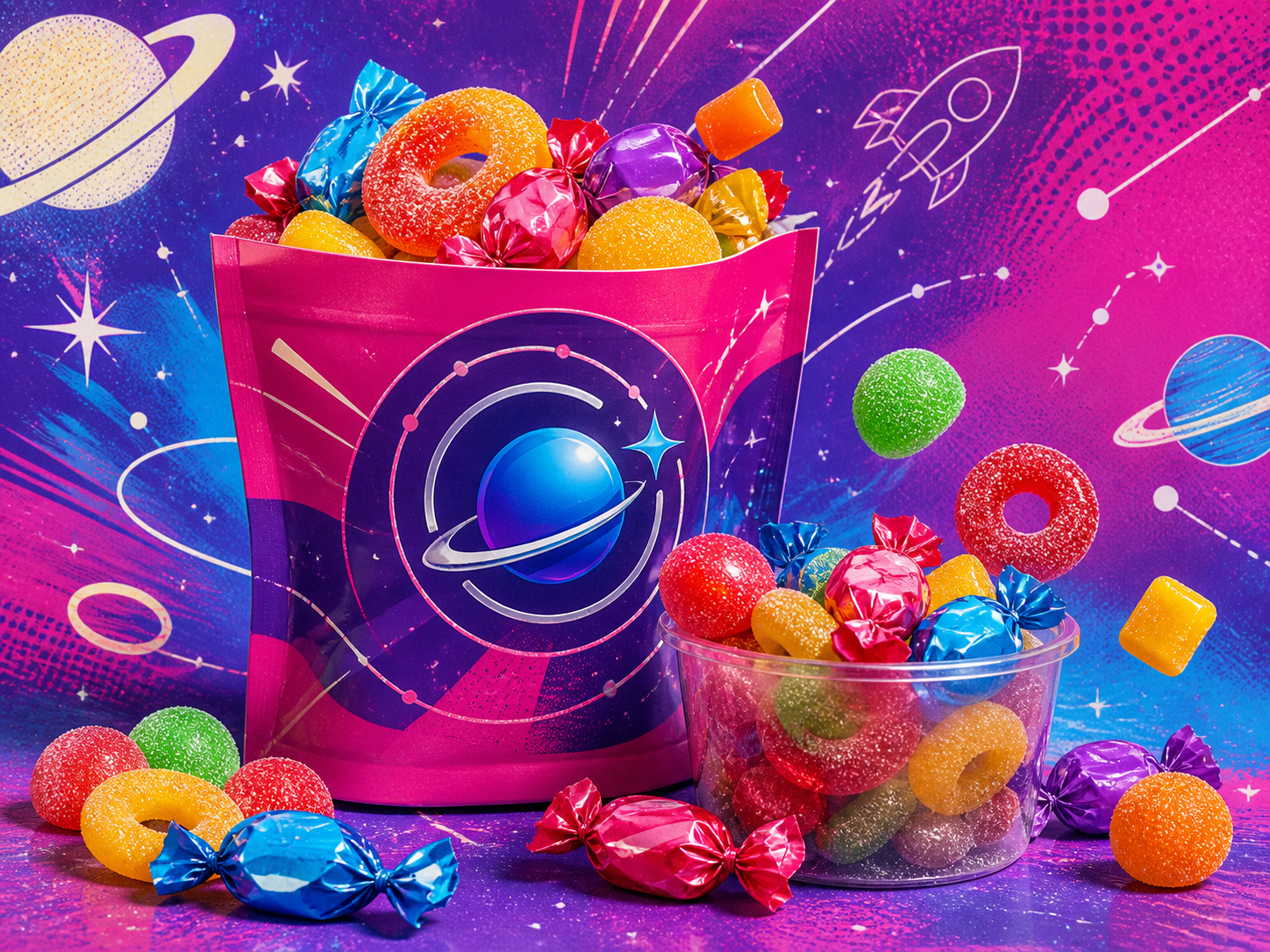 Colorful candy in an original Orbit pouch and cup against magenta and violet space doodle art