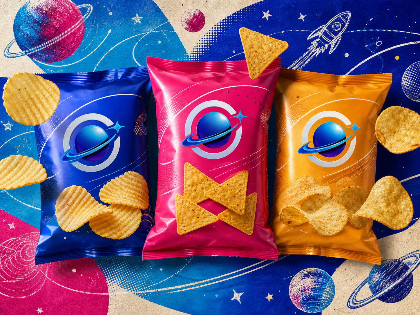 Three original Orbit chip bags with ridged, tortilla, and kettle-style chips against blue space doodle art