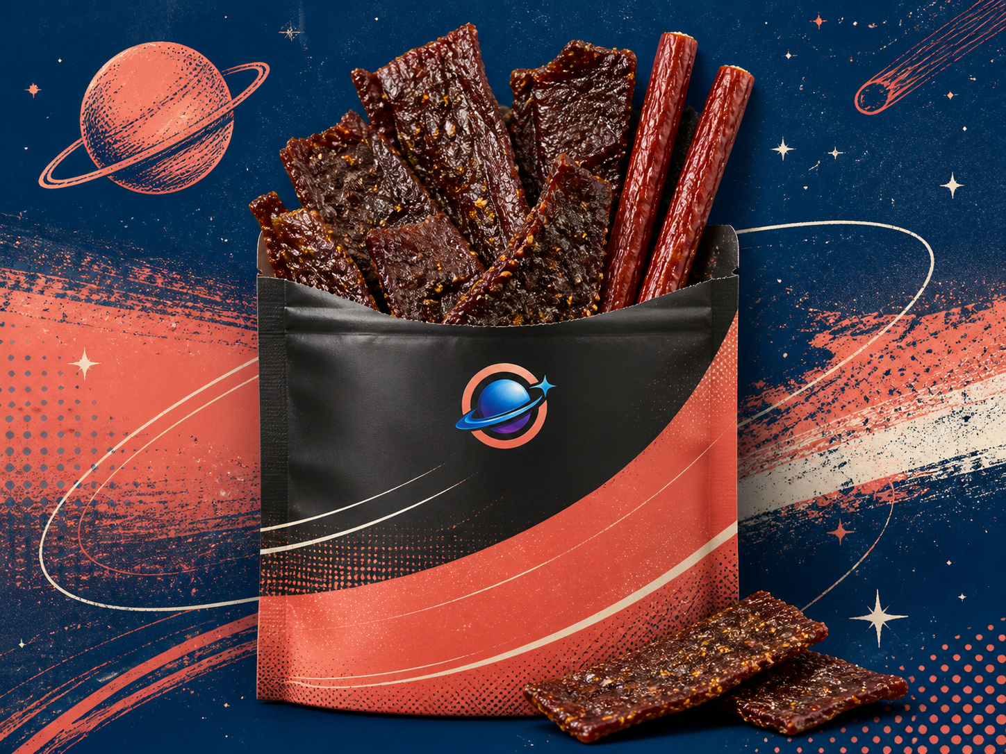 Jerky strips and beef sticks in an original Orbit pouch against navy and coral space doodle art