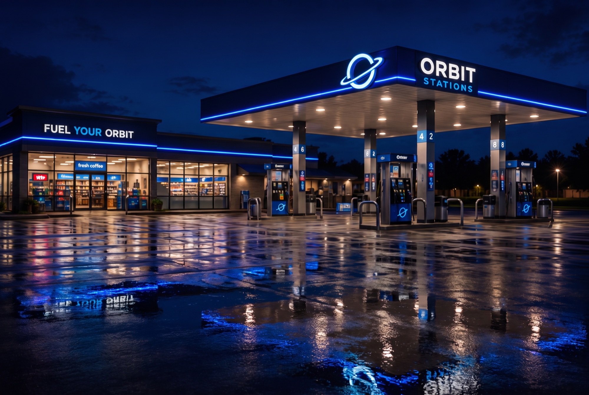 An Orbit station at night: glowing canopy, lit store, wet forecourt reflecting the blue Orbit sign